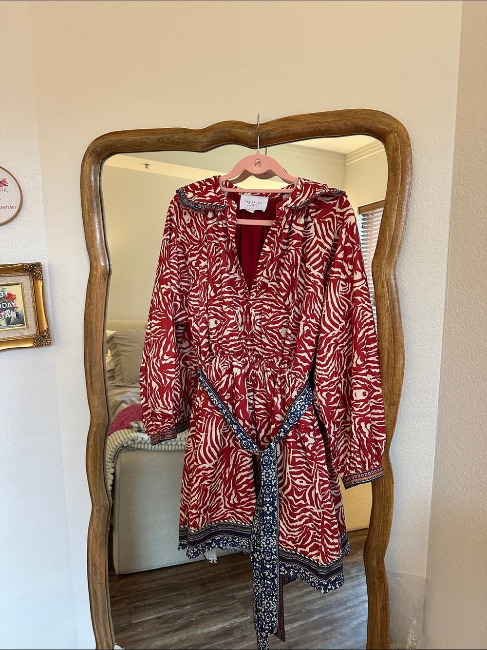 The Shirt by Rochelle Behrens Red Printed Hooded Trench with Contrast Belt